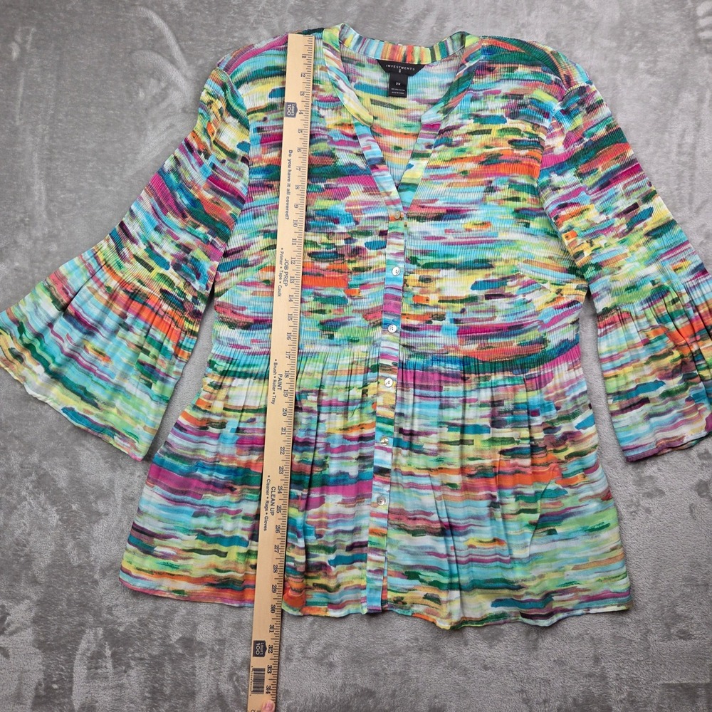 Investments Tunic Blouse Women 2X Multicolor Pleated Button Up Bell Sleeve Artsy - Picture 10 of 11